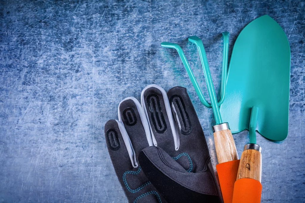 Gartenhandschuh, Hake und Gartenschaufel