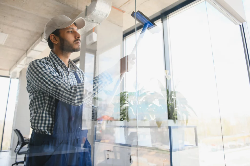 Reinigungskraft reinigt Fensterfront
