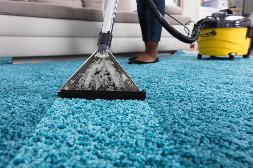 blauer Floorteppich wird mit Nassreiniger gereinigt